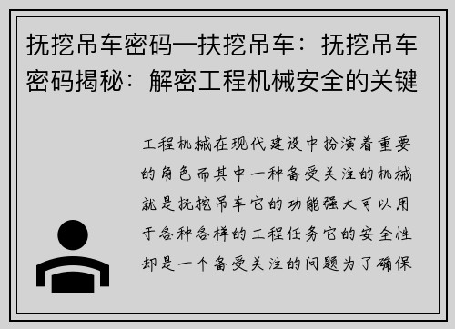 抚挖吊车密码—扶挖吊车：抚挖吊车密码揭秘：解密工程机械安全的关键