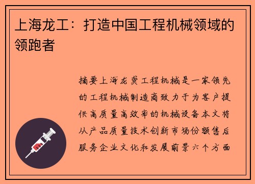 上海龙工：打造中国工程机械领域的领跑者