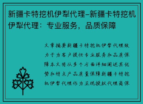 新疆卡特挖机伊犁代理-新疆卡特挖机伊犁代理：专业服务，品质保障