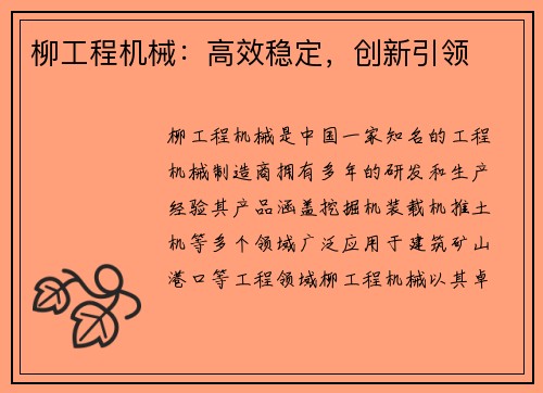 柳工程机械：高效稳定，创新引领