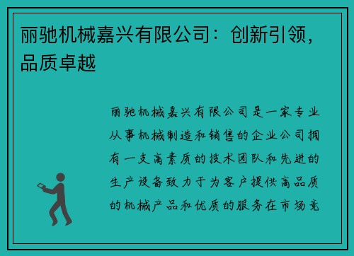 丽驰机械嘉兴有限公司：创新引领，品质卓越